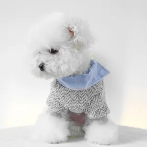 Close-up of pet knitted sweater featuring a stylish blue striped shirt collar detail