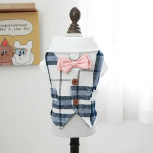 Blue plaid pet suit vest with pink bow and D-ring for small dogs and cats