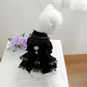 Détail de la robe pour chien en velours à pois avec dentelle et broche dorée