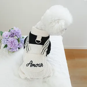 Cute pet dog clothes set featuring black knit shirt and Amour embroidered corduroy overalls