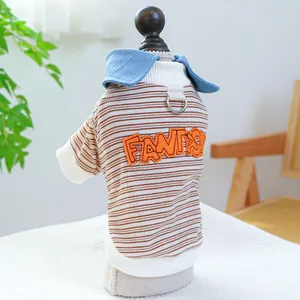 Detail of pet striped T-shirt featuring denim collar and orange Fantasy embroidery