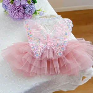Pink pet dress for dogs and cats featuring 3D butterfly embroidery and layered tulle skirt