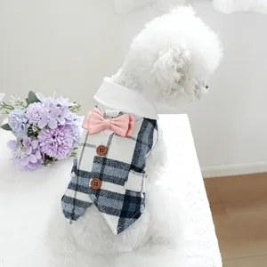Pet Dog Suit Vest Tuxedo Plaid Pattern Shirt And Vest With Pink Bow Tie Metal D-Ring For Small Dogs Cats Wedding Party