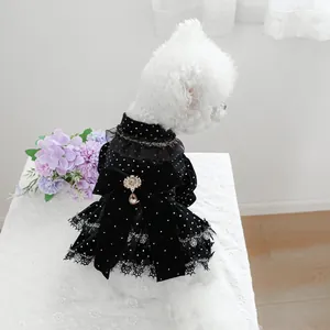 Robe élégante en velours noir pour chien avec dentelle et nœud bijou pour petits animaux