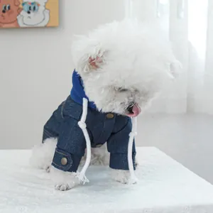 Detail van denim hondenjas met blauwe capuchon en metalen knopen op een kleine witte hond
