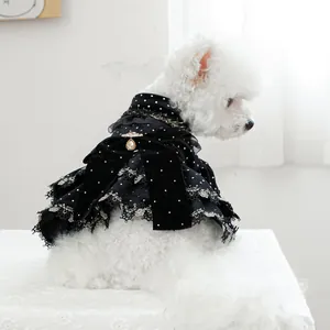 Détail d'une robe pour chien en velours noir avec dentelle et broche dorée élégante