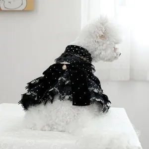 Détail de robe pour chien en velours avec dentelle et nœud orné d'une gemme