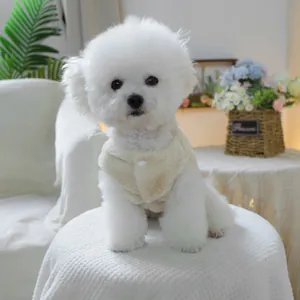 Dettaglio del gilet di peluche beige per cani con bottoni indossato da un cane bianco