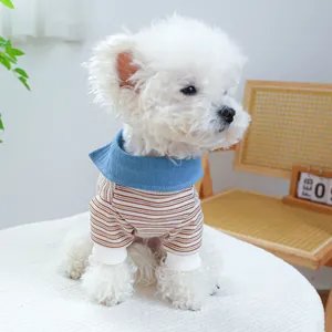 Close-up of pet striped shirt featuring denim collar and ribbed cuffs for small dogs