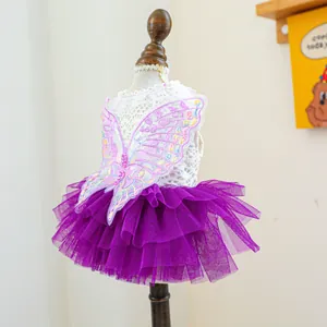 Detailed embroidery of colorful butterfly and sequins on purple pet tulle dress