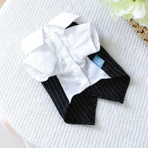Close-up of pet tuxedo shirt with textured linen fabric and button collar detail