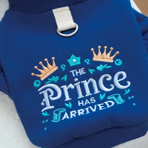 Gros plan sur la broderie couronne et l'anneau en D sur un sweat bleu pour animaux