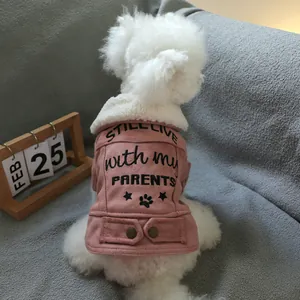 Pink dog jacket featuring plush white collar and 'Still live with my parents' print