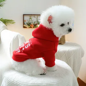 Détail d'un sweat à capuche rouge pour chien avec étoiles blanches sur un Bichon