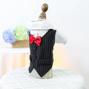 Detail of pet tuxedo suit with red bowtie, black striped vest and metal D-ring attachment