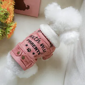 Pink pet fleece jacket featuring 'STAY with my PARENTS' embroidery on suede fabric
