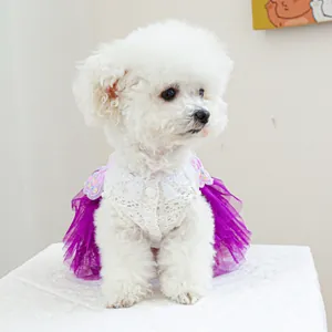 Detail of cute pet fairy dress with purple mesh skirt and lace for small dogs and cats
