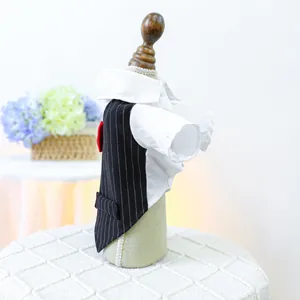 Detail of pet tuxedo suit with white shirt, black pinstripe vest and red bowtie