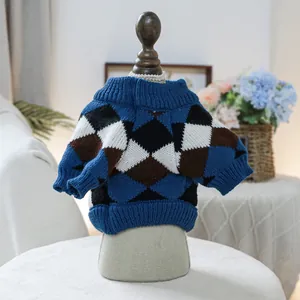 Detail of blue and brown argyle knit sweater for pets with ribbed cuffs and hem