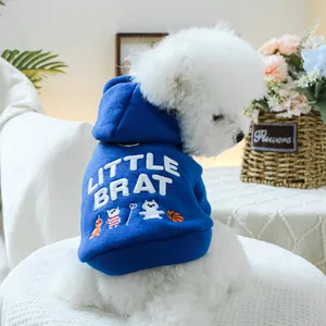 Détail d'un sweat à capuche bleu roi pour chien avec broderie blanche et motif de dessin animé