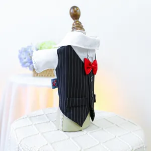 Close-up of pet gentleman suit with striped vest, red bow tie and metal D-ring detail