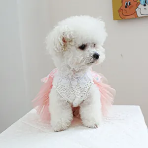 Cute butterfly fairy dog dress with white lace vest and layered pink tulle skirt for pets