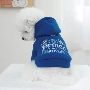 Détail du sweat à capuche bleu pour animaux avec broderie couronne et anneau en D