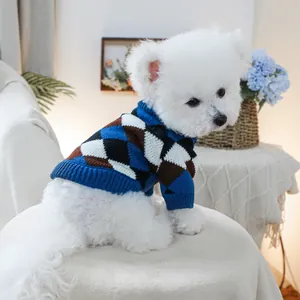 White Bichon dog wearing a soft blue and brown argyle knit sweater for pets