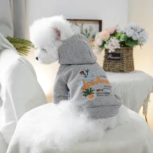 Detail of grey waffle knit pet hoodie featuring Los Angeles embroidery and ribbed cuffs