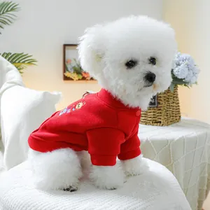 Nahaufnahme des roten Hunde-Sweatshirts mit Sonnenstickerei auf weißem Bichon Frisé
