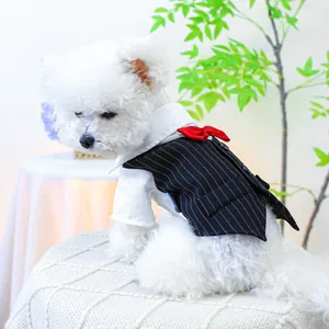 Detail view of pet tuxedo set featuring striped vest and red bow tie for dogs