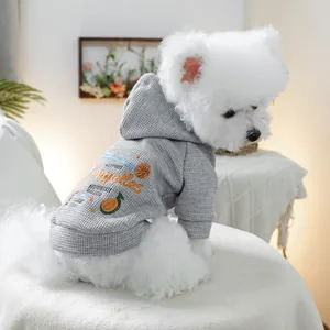 Grey waffle knit dog hoodie with sun embroidery and hood for small white dogs