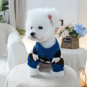 Blue geometric knit dog sweater for small dogs in cozy soft knit fabric material