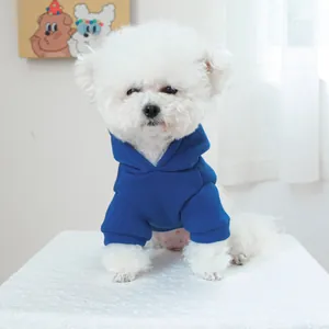 Sweat à capuche bleu foncé pour animal avec poignets côtelés sur un petit chien blanc