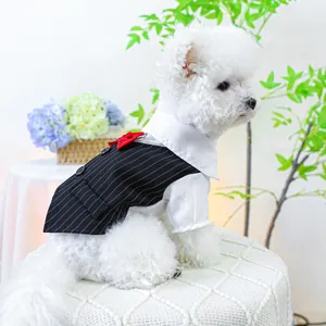 Detailed formal pet tuxedo suit featuring a black pinstripe vest and red bowtie for dogs