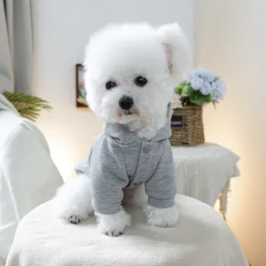 Cute grey waffle knit hooded dog sweater with buttons for small pets like Bichons