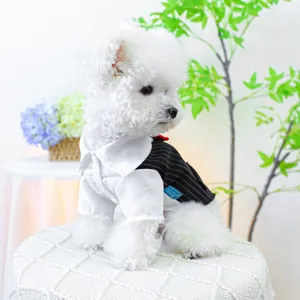 Close-up of a white dog wearing a black striped formal pet tuxedo suit and shirt