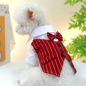 Formal pet tuxedo with white shirt, red striped vest, and bow tie for dogs and cats