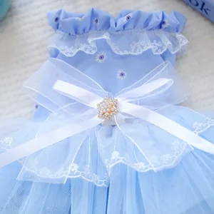 Detailed close-up of blue pet dress featuring daisy prints, white lace, and a pearl bow