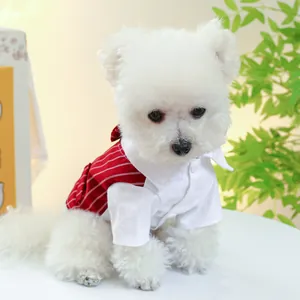 Detail of dog tuxedo with red striped vest, white shirt, and bow tie on small dog