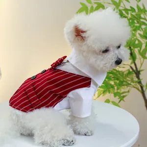 Formal pet tuxedo suit with red striped vest and bow tie for small dogs and cats