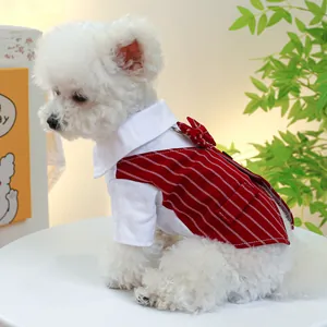 Detail of red striped pet tuxedo vest with bowknot for small dogs and cats