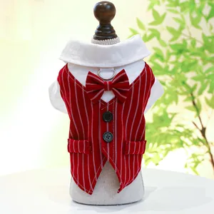 Close-up of red striped pet tuxedo vest with white collar, bowtie and D-ring attachment