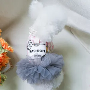 Detail der rosa Tweed-Hundekleid mit Spitzenkragen, Perlen und grauem Tüllrock