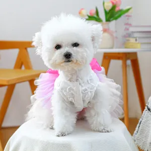 Close-up of pink tulle pet dress with sequin floral embroidery and satin bow on back