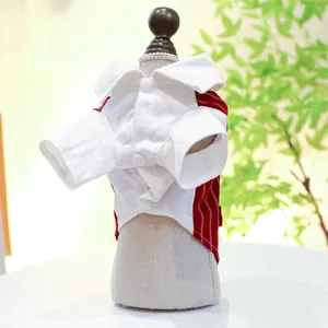 Detail of red and white striped pet shirt with white collar and small buttons