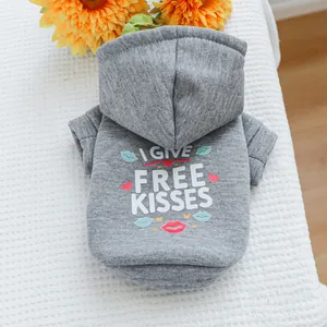 Gray pet hoodie with I Give Free Kisses print and sunflower detail on white texture