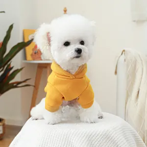 Détail d'un sweat à capuche jaune vif pour animal avec poignets élastiques sur un chien blanc