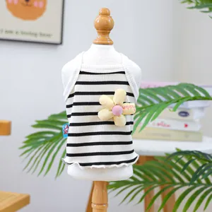 Dog and cat stripe vest harness in black and white with a yellow floral accent