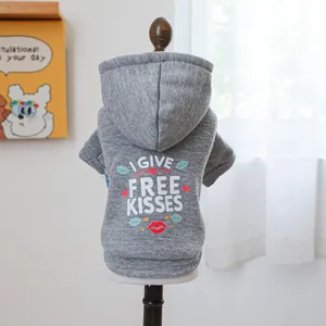 Grey pet hoodie with 'I GIVE FREE KISSES' print and heart patterns for small dogs